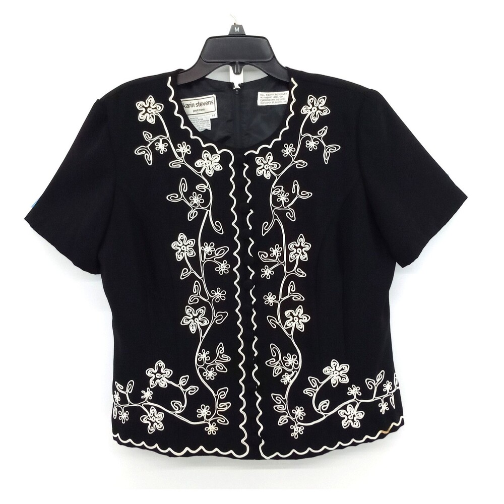 Karin Stevens Blouse Women Size 14 Black Embroidered Floral Short Sleeve Lined